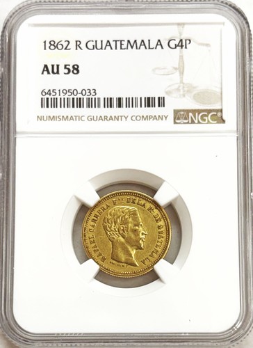 1862 R GOLD GUATEMALA 4 PESOS NGC ABOUT UNC 58 RAFAEL CARRERA COAT OF ARMS COIN