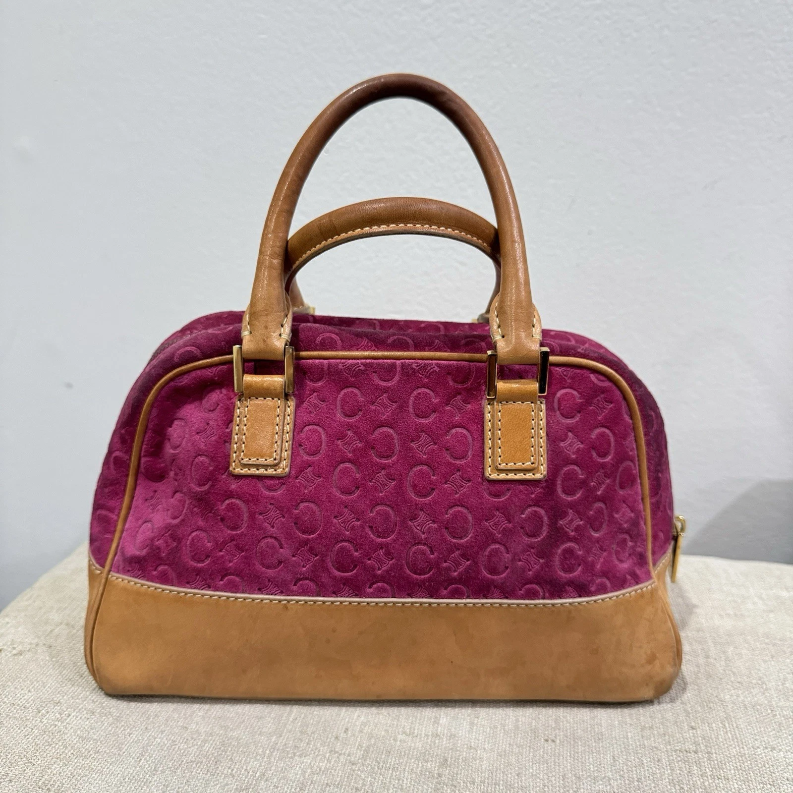 Borsa a mano Celine C Macadam in pelle scamosciata Boston rosa e beige autentica MC00 2