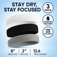 Sports Headbands 3 Pack Men Women Sweatbands Cotton Moisture Wicking Gym Running