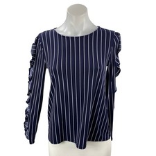 Banana Republic Women's Navy Blue Striped Ruffle Long Sleeve Blouse Top Size XS