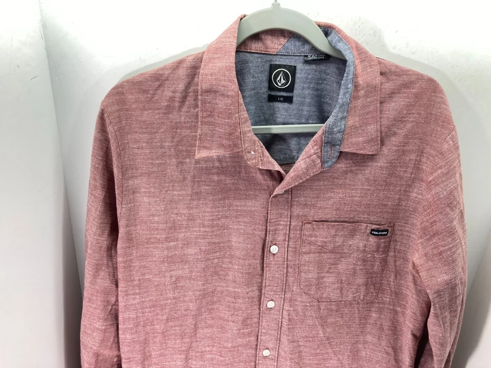 Volcom Button Up Shirt Mens L Heather Pink Slim Fit Long Sleeve Logo Pocket - Image 4 of 4
