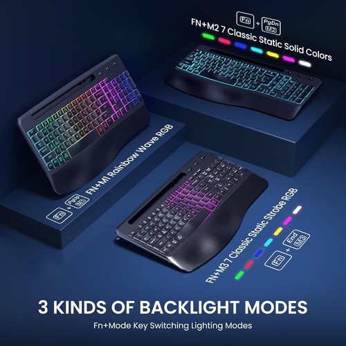 Wireless RGB Ergonomic Keyboard, Rechargeable, Wrist Rest, Mac PC, 90 Keys - Picture 2 of 7