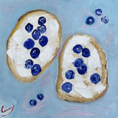 Brötchen mit Frischkäse und Blaubeeren Original Wanddeko  Impressionismus Küche