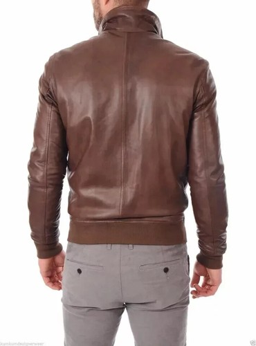 Men's Full Zipper Brown Genuine Lambskin Stylish Bomber Real Leather Jacket Soft - Picture 2 of 5