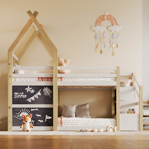 Twin over Twin House Bunk Bed with White Storage Staircase and 2 Blackboards, Wh - Picture 2 of 12