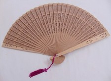 Vintage 1960's Carved Sandlewood Hand Fan Beige Purple Tassel NIB  66