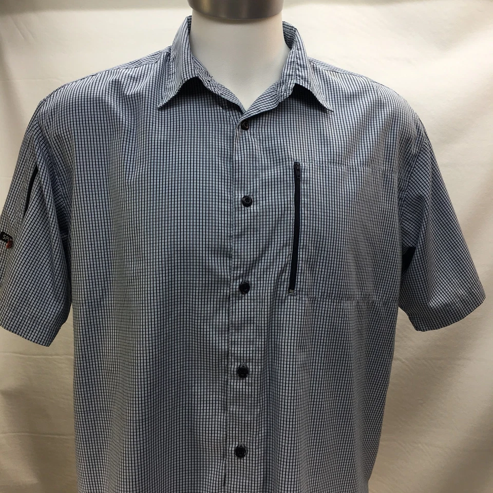 Split Mens Size L Vented Sport Shirt Short Sleeves Blue Checked Zipper Pockets  - Image 2 of 4