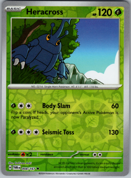 Pokemon - Heracross - 008/167 - Reverse Holo - Twilight Masquerade -NM/M