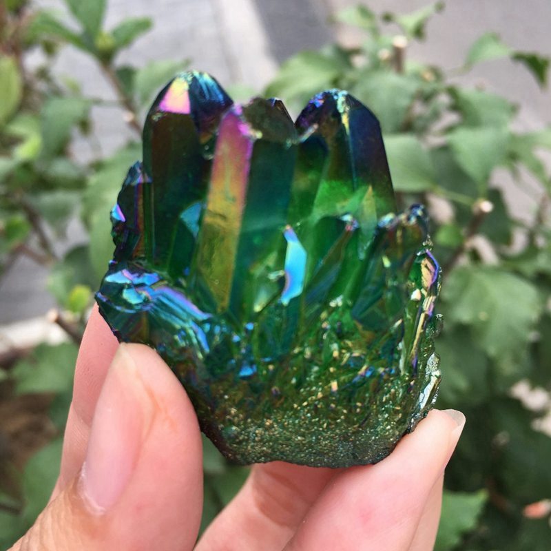 50g Natural Aura Green Titanium Stone Quartz Crystal Cluster Spiritual Healing