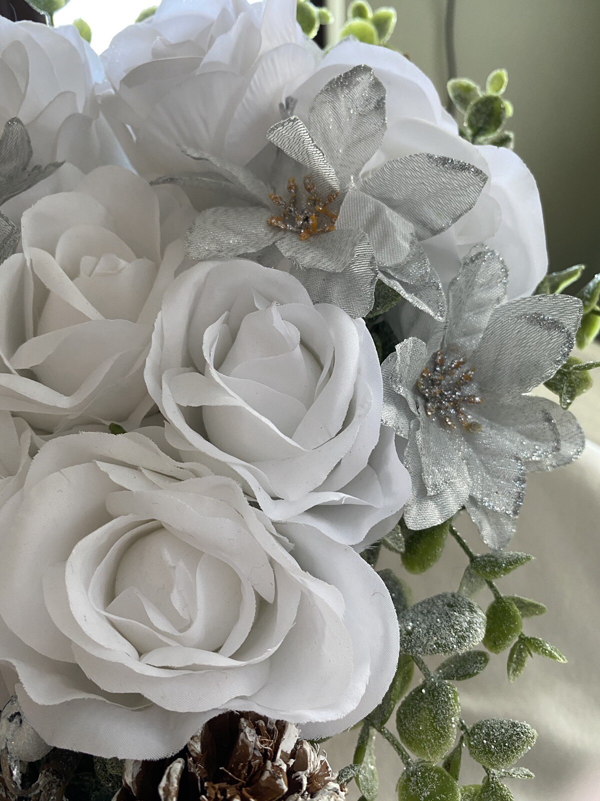 christmas table Silver/ Frosted White Artificial Flowers centrepiece eBay