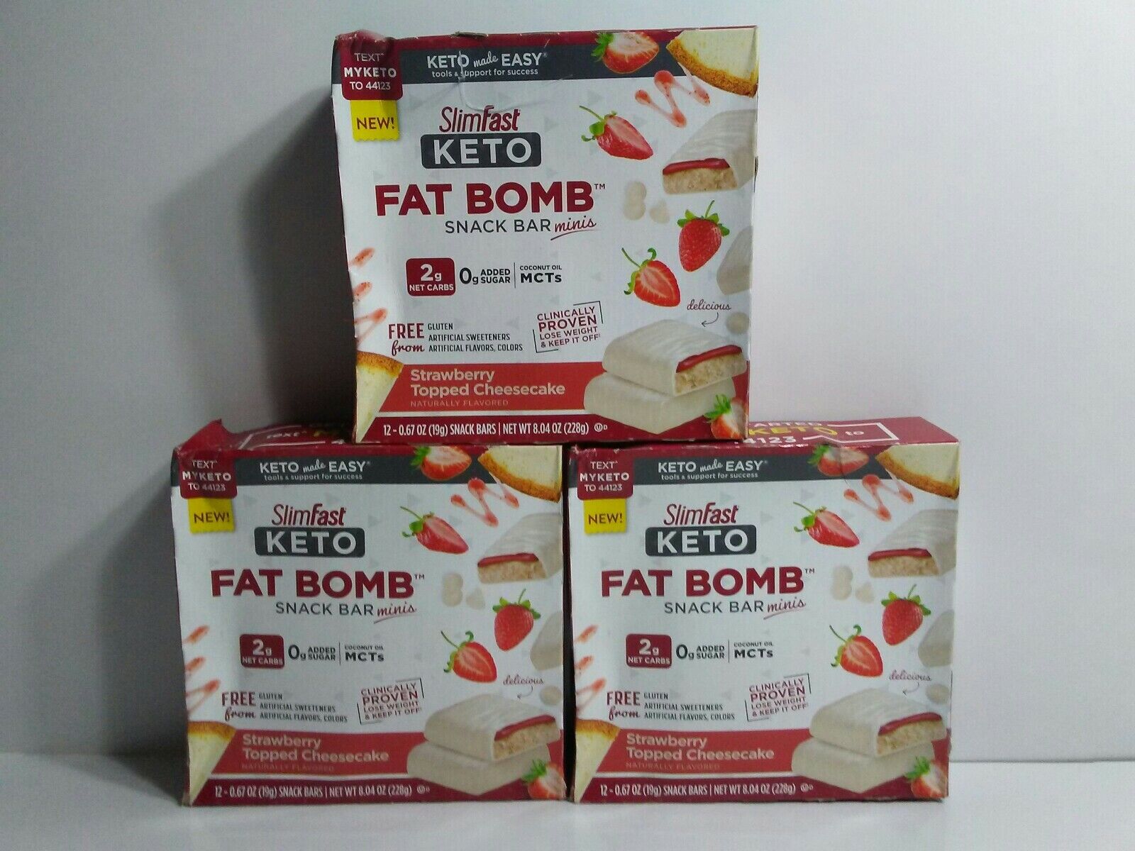3 SlimFast Keto Fat Bomb Snack Bar Minis Strawberry Topped Cheesecake 06/09/22