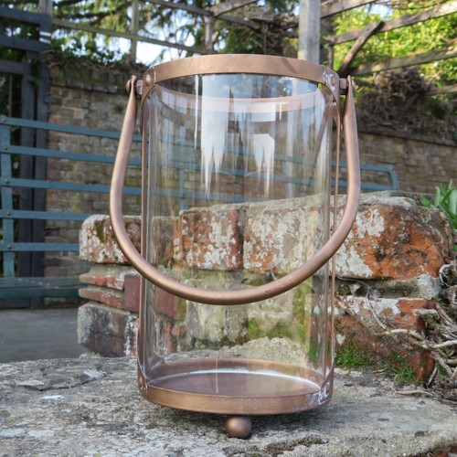 Industrial Glass Cylinder Hurricane Candle Lantern with Handle in Copper Finish - Picture 2 of 9