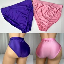 Large Slippery Second Skin Satin Hi Waist Briefs Hi Cut Leg Panties 2pc Vtg Lot