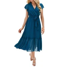 Hotime Women Summer Floral Casual V Neck Ruffle Sleeveless Midi Dress