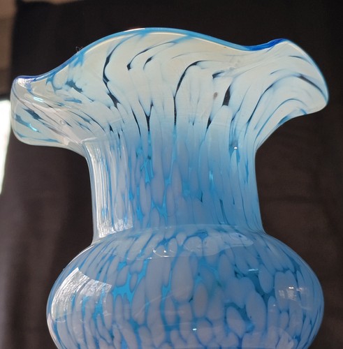 TALL HAND BLOWN EMPOLI VASE SPATTER WHITE ON BLUE TOP & GREEN BEEHIVE BASE - Picture 10 of 19