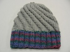 GRAY WITH MULTI-COLOR TRIM - HAND KNITTED TODDLER SIZE STOCKING CAP BEANIE HAT 