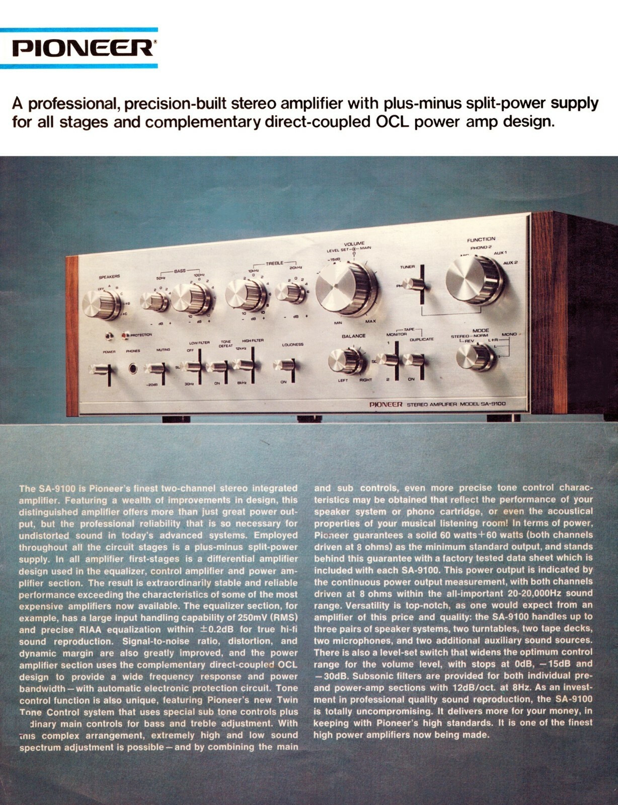 High-res scans of the rare brochure for vintage Pioneer SPEC SA-9100 amplifier