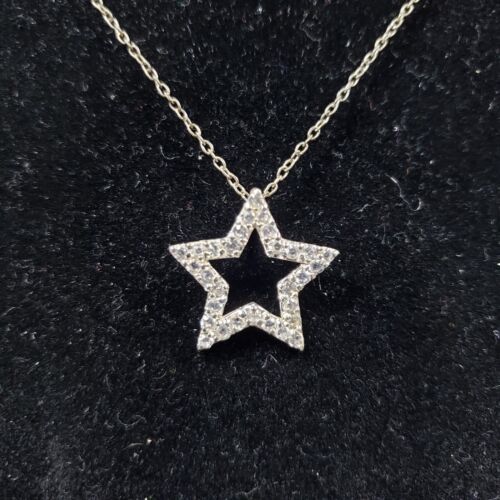Star Pendent Chain Necklace 925 Silver Cubic Zirconia Modernist Bohemian 18" - Picture 2 of 12