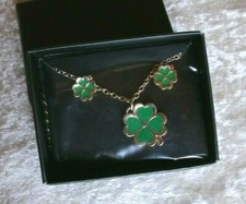 Green Clover Necklace Earring Gift Set Pendant w/ Stud Earrings