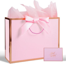 Pink Gift Bag with Ribbon, 13 Large Gift Bag with Handle, Greeting Card 2 Ti...