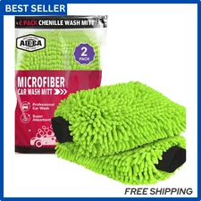 2-Pack Microfiber Car Wash Mitts – Scratch-Free Chenille, Lint-Free, Green