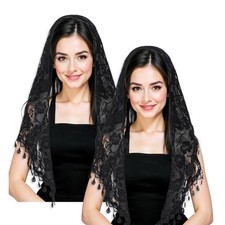 2pcs Black Mass Veil with Fringed Lace Catholic Veils One Size,