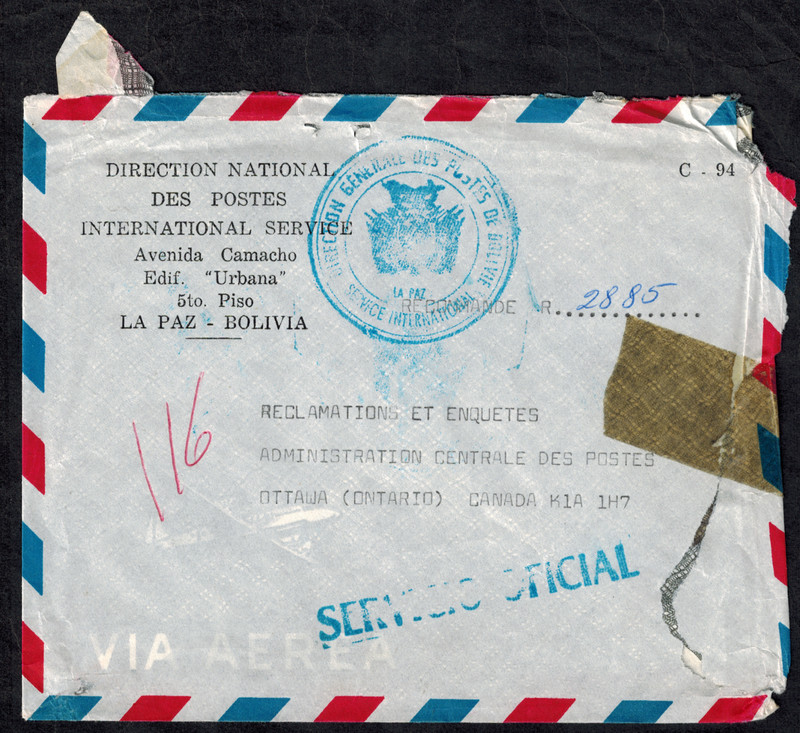 Bolivia 1987 Registered Airmail Cover La Paz to Canada For Postal Reconciliation