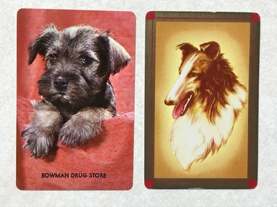 Vintage (2) Drawn Collie Face, Bowman Drug Store Single Swap Playing Cards PC673