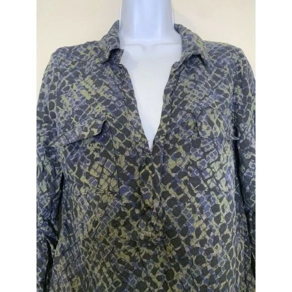Espléndida Blusa Top Popover Cuello en V S Estampado Piel de Serpiente Rayón Manga Larga Azul Griega Foto 4 de 4