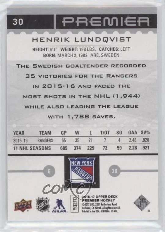 2016-17 Upper Deck Premier /399 Henrik Lundqvist #30 HOF - Image 2 of 2