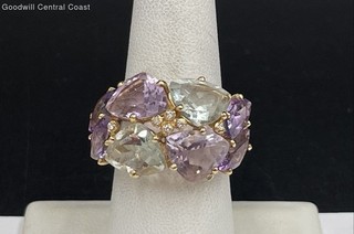 14K Gold Size 7 Ring W/ Amethyst Quartz Diamond Accents