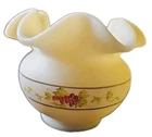 Fenton Satin Cameo Custard Yellow W/Ruffled Edge  Handpainted Grape Pattern Vase