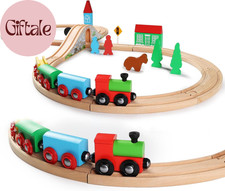 Wooden Train Set for Toddler with Double-Side Train Tracks Fits Brio, Thomas, Me