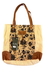 MYRA BAG TAZZIE FLORAL TOTE BAG, CANVAS-PRINTED BURLAP-LEATHER, LINED, NEW W/TAG