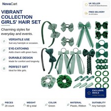 Green Hair Accessories - 28 Pcs Set for Girls School - Bows Bands Clips