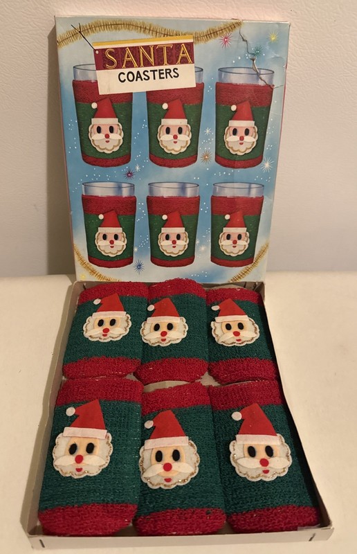 Vintage Dan-Dee Imports Santa Christmas Terrycloth Coaster Koozie Sleeve Set 6