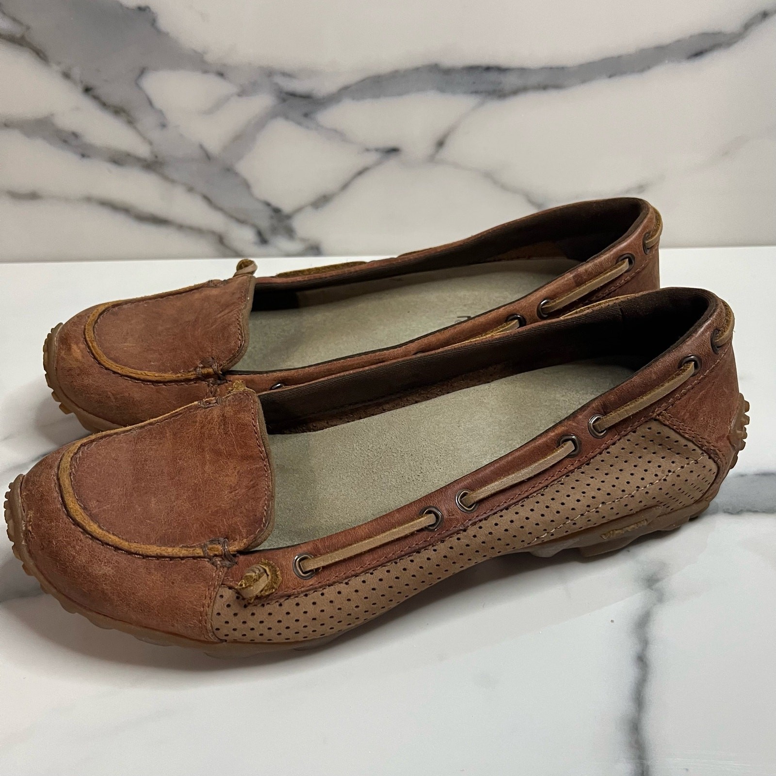 Mocassini Merrell J76466 donna pelle marrone outdoor Vibram slip on marina taglia 7