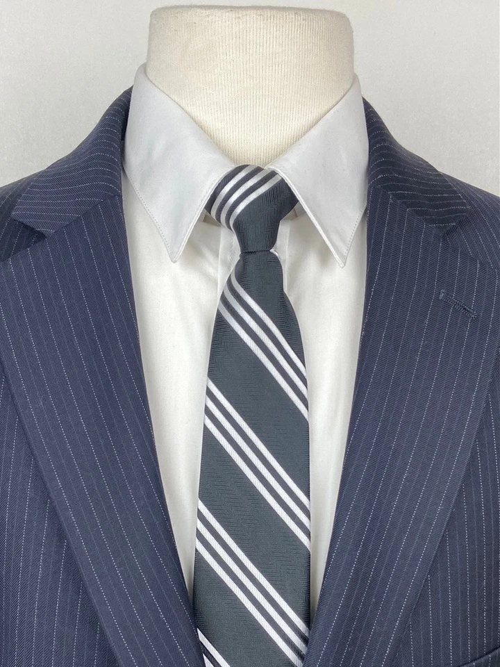 TASSO ELBA Mens 46R Navy Stripe Wool CASHMERE 2 Piece Suit W/ Dress Pants 38x30 - Image 3 of 4