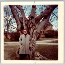 Vtg Color Snapshot Man Trench Coat Gnarly Twisted Tree Historic Building 1970s