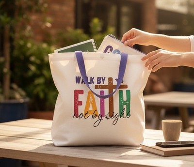 Walk By Faith And Not By Side ￼Purple Print Tote Bag With Small Pouch 15X15￼