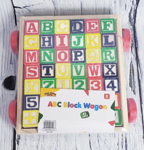 Real Wood Toys 42-piece ABC 123 Classic Wood Wagon Stack & Build Blocks Toy 2+ - Picture 3 of 7