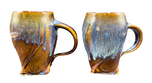 2 VTG Bill Campbell Studio Art Pottery Twist  Mugs Blue Brown Drip Glaze Signed
