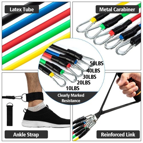 11 PCS Resistance Band Set Yoga Pilates Abs Exercise Fitness Tube Workout Bands - Picture 4 of 7