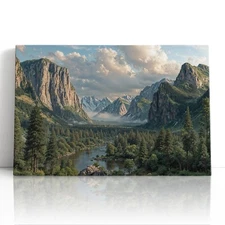 Mountain Valley Canvas Print Wall Art – Scenic River View with Snowy Peaks