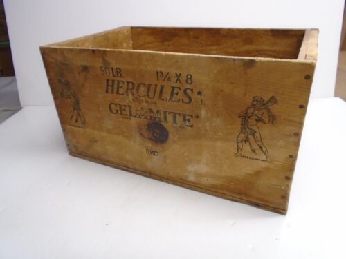 Vintage  "HERCULES-GELAMITE"  GUN POWDER WOODEN CRATE  - 50 lb. size - NO ROT! - Picture 1 of 10