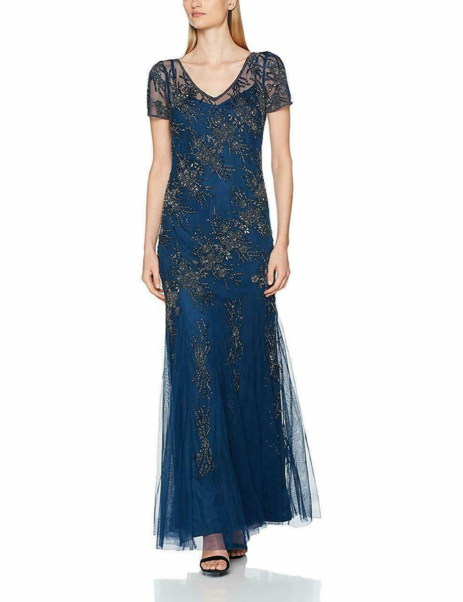 Adrianna Papell Women's Deep Blue Short Sleeve Fully Beaded Mesh Formal Gown  4 | eBay