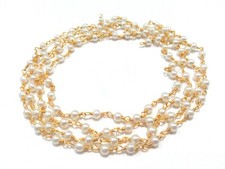 10 Feet Pearl Round Smooth Beads, Rosary Beaded Chain Gold Plated Wire
