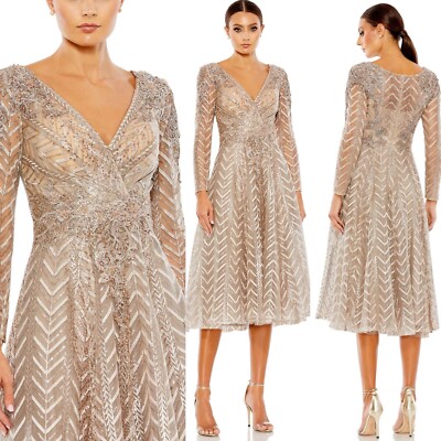 $598 MAC DUGGAL EMBELLISHED LONG SLEEVE WRAP OVER DRESS TAUPE SIZE 20