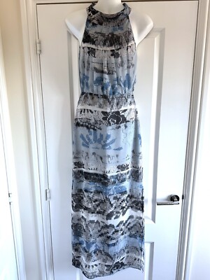 Reiss Ezra Blue Chiffon High Neck Snake Print Maxi Dress Size