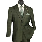 VINCI Men's Olive Green Sharkskin Glen Plaid 3 Piece Classic Fit Suit - NEW
